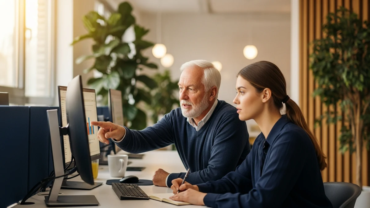 Erfahrener Mitarbeiter erklärt jüngerer Kollegin etwas am Bildschirm – Wissenstransfer im Mehrgenerationen-Team