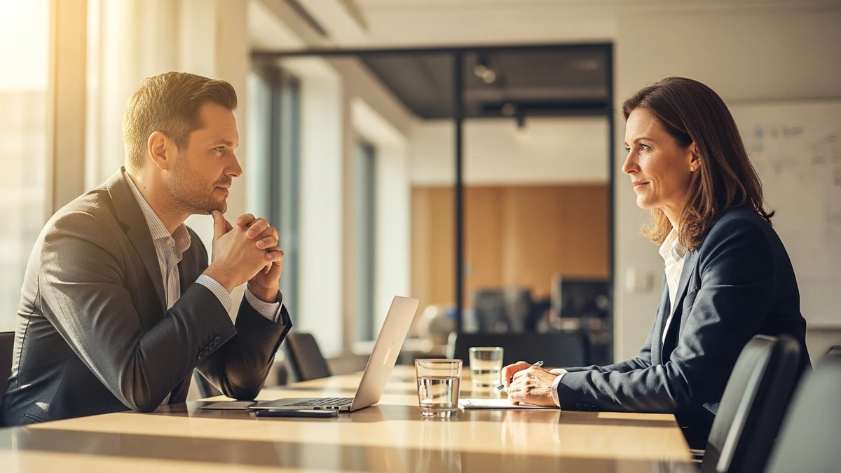 Zwei Verhandlungspartner am Konferenztisch in ruhiger Gesprächshaltung