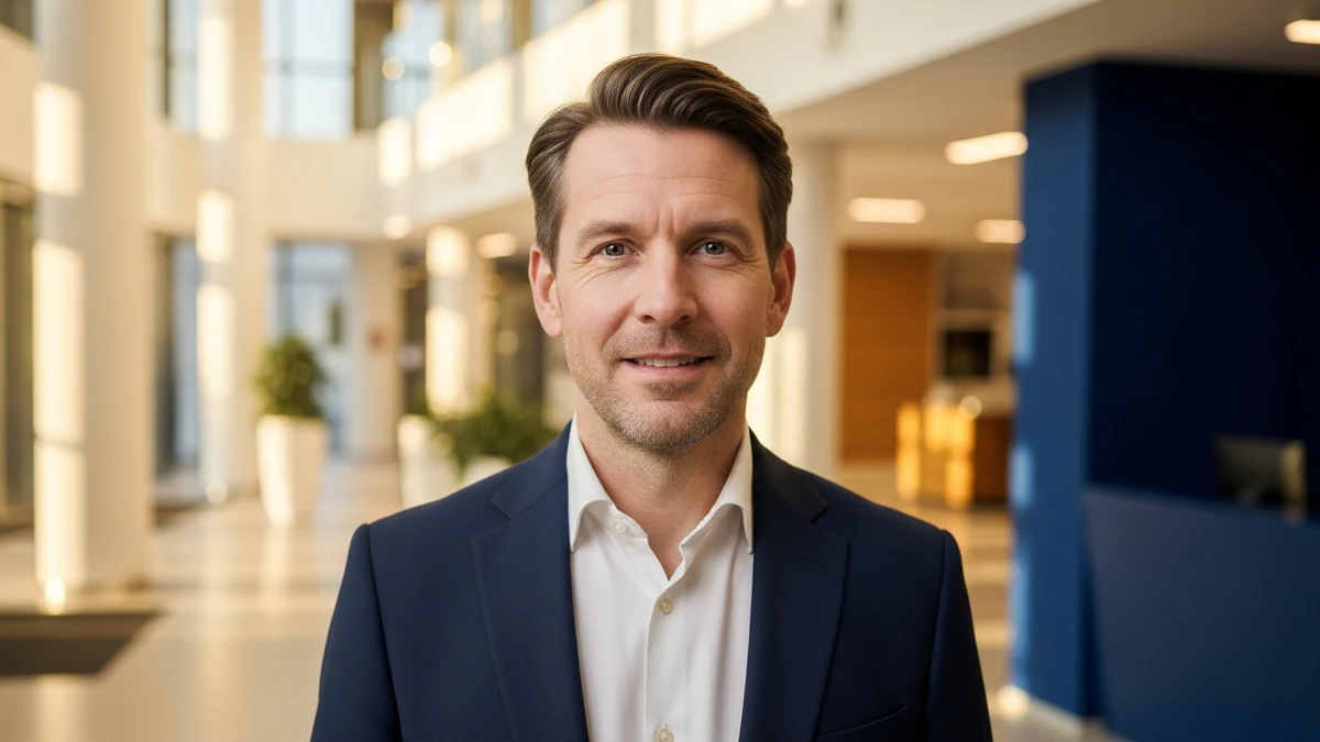 Geschäftsperson in gepflegter Businesskleidung in einem modernen Empfangsbereich