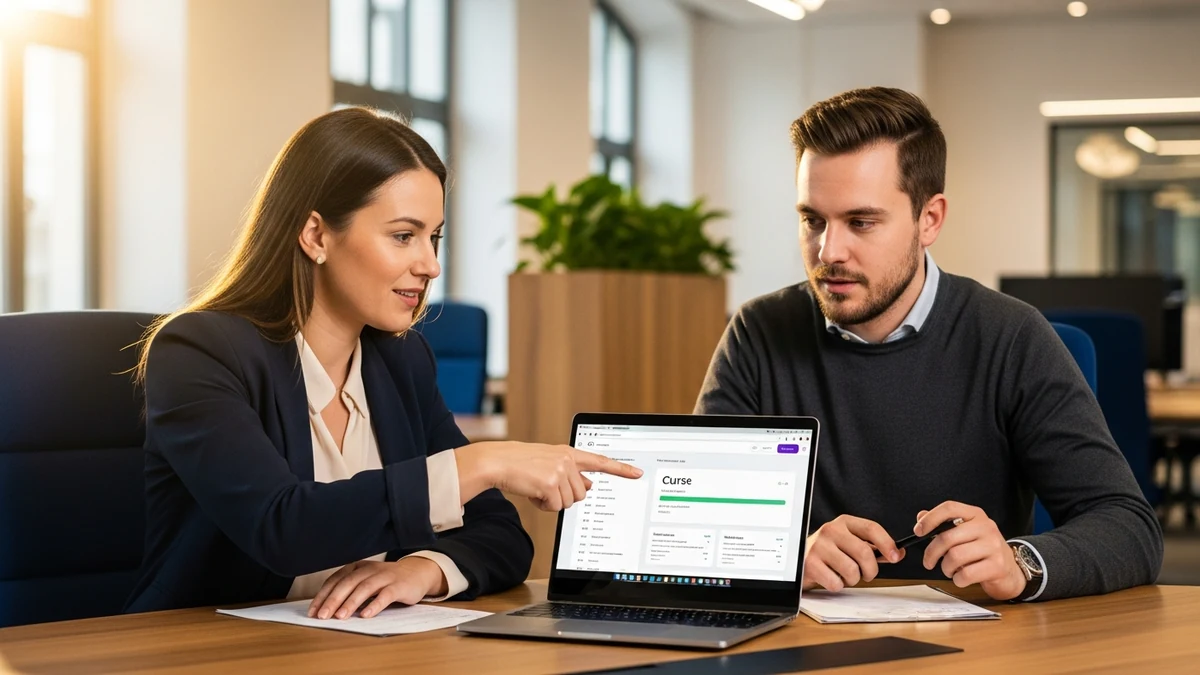 HR-Managerin und IT-Spezialist besprechen digitale Weiterbildungsstrategie an einem Laptop in einem Büro