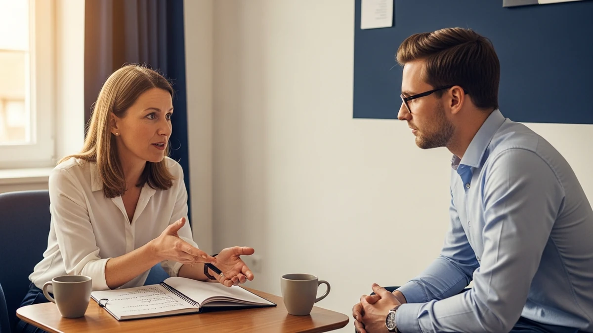Führungskraft führt strukturiertes Kundengespräch, Gesprächsleitfaden liegt als Notizbuch aufgeschlagen auf dem Tisch