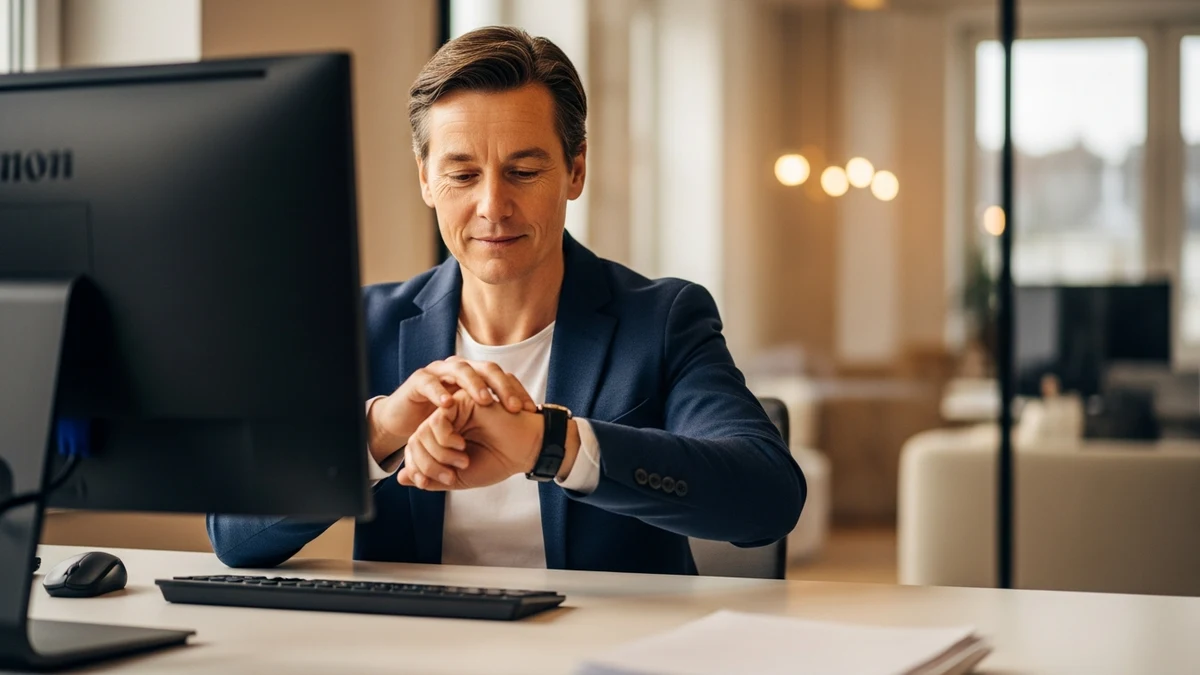 Person am aufgeräumten Schreibtisch blickt konzentriert auf die Armbanduhr