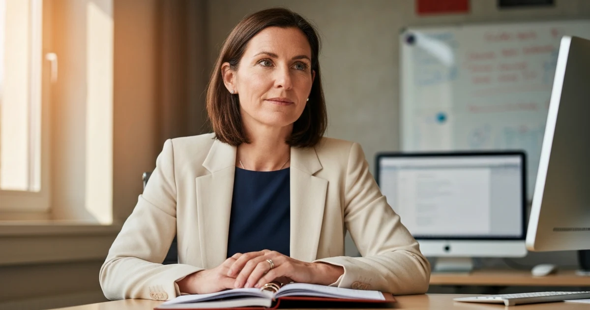 Professionelle Frau plant konzentriert ihren Arbeitstag am aufgeräumten Schreibtisch