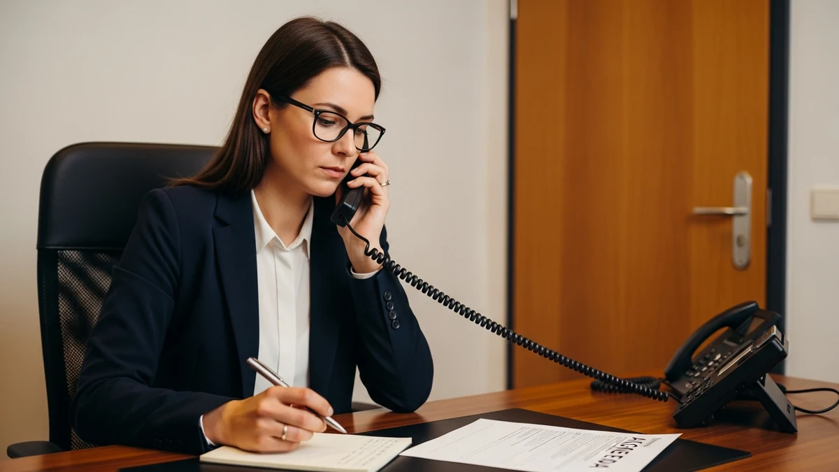 Person telefoniert konzentriert in ruhigem Einzelbüro, Tür geschlossen, Notizblock mit Agenda vor sich auf dem Tisch