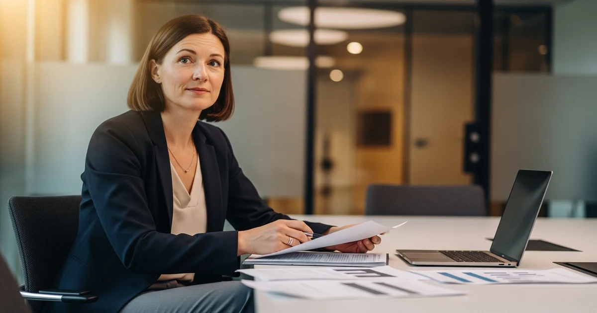 Einkäuferin bereitet Verhandlungsunterlagen am Konferenztisch vor