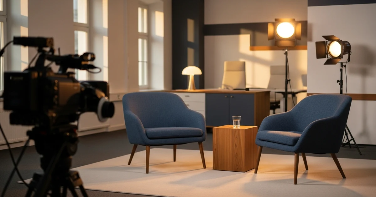 Professionelles TV-Interview-Setup mit zwei Sesseln und Kamera im Vordergrund