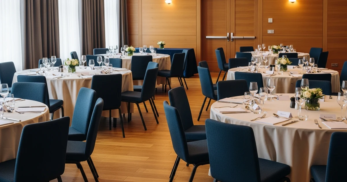 Elegant gedeckter Konferenzraum für Firmenevent mit Namensschildern