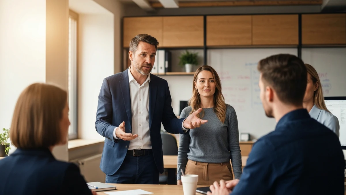 Führungskraft gibt einem kleinen Team am Stehtisch eine ruhige Einweisung