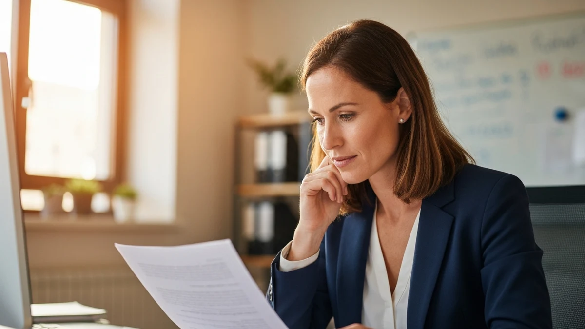Frau liest Unterlagen zur Bildungszeit am Schreibtisch