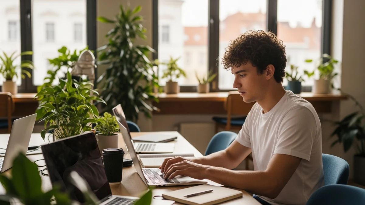 Junge Fachkraft der Generation Z arbeitet konzentriert im modernen Büro, Laptop und Notizbuch auf dem Tisch