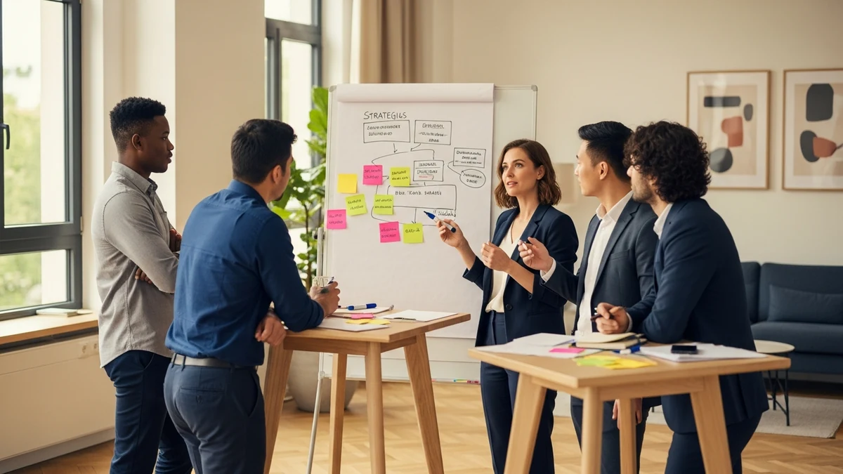 Management-Seminar-Situation: Führungskräftegruppe erarbeitet Praxislösung am Whiteboard