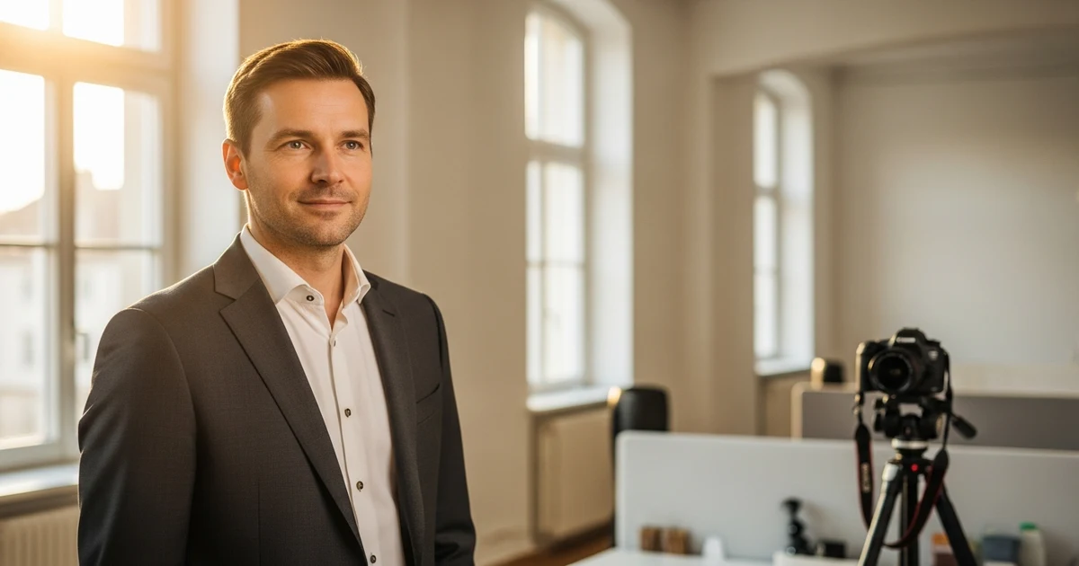 Führungskraft steht souverän vor der Kamera im Übungsstudio