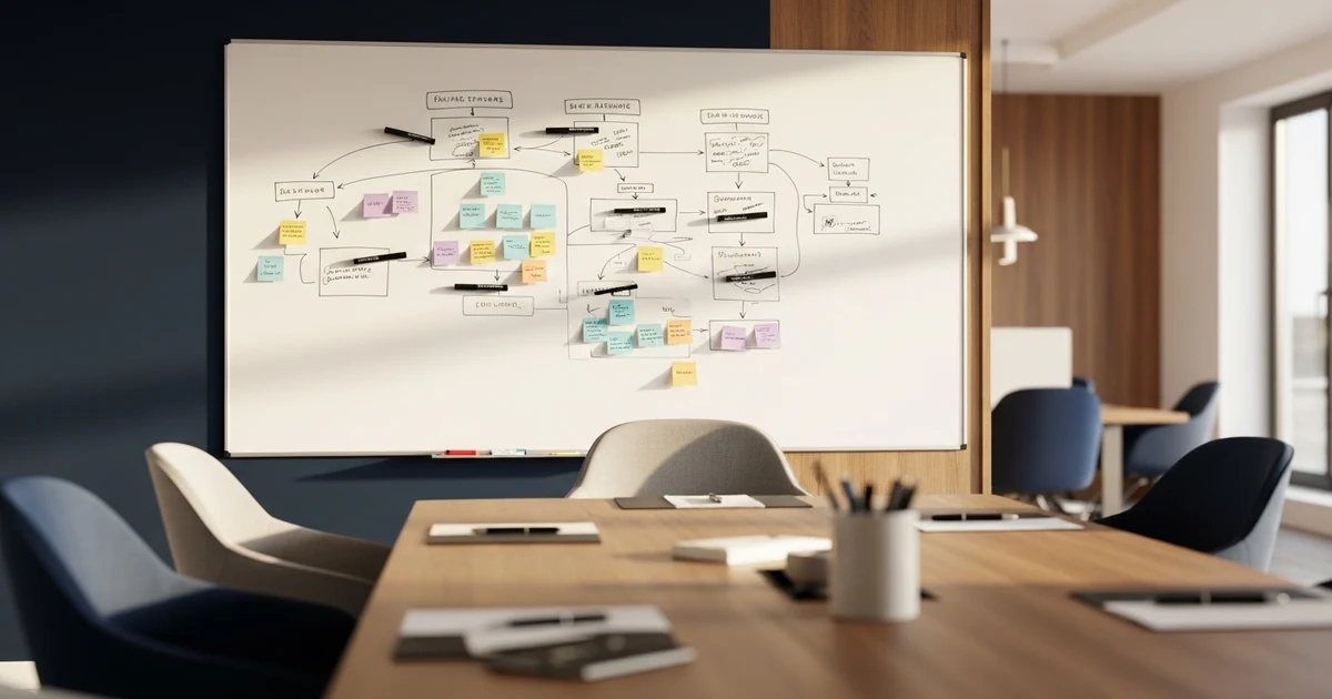 Whiteboard mit Prozessdiagramm für KI-Einführungsstrategie im Team