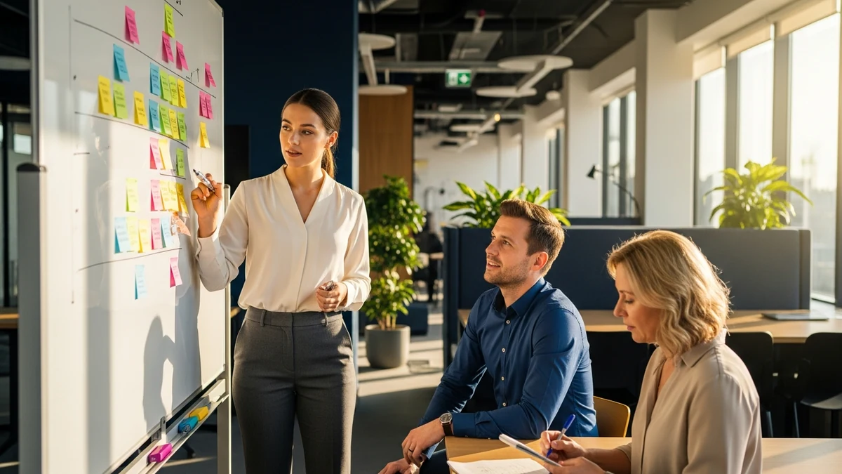 Team sitzt um einen Whiteboard-Tisch mit bunten Haftnotizen und skizzierten Ideen beim gemeinsamen Brainstorming
