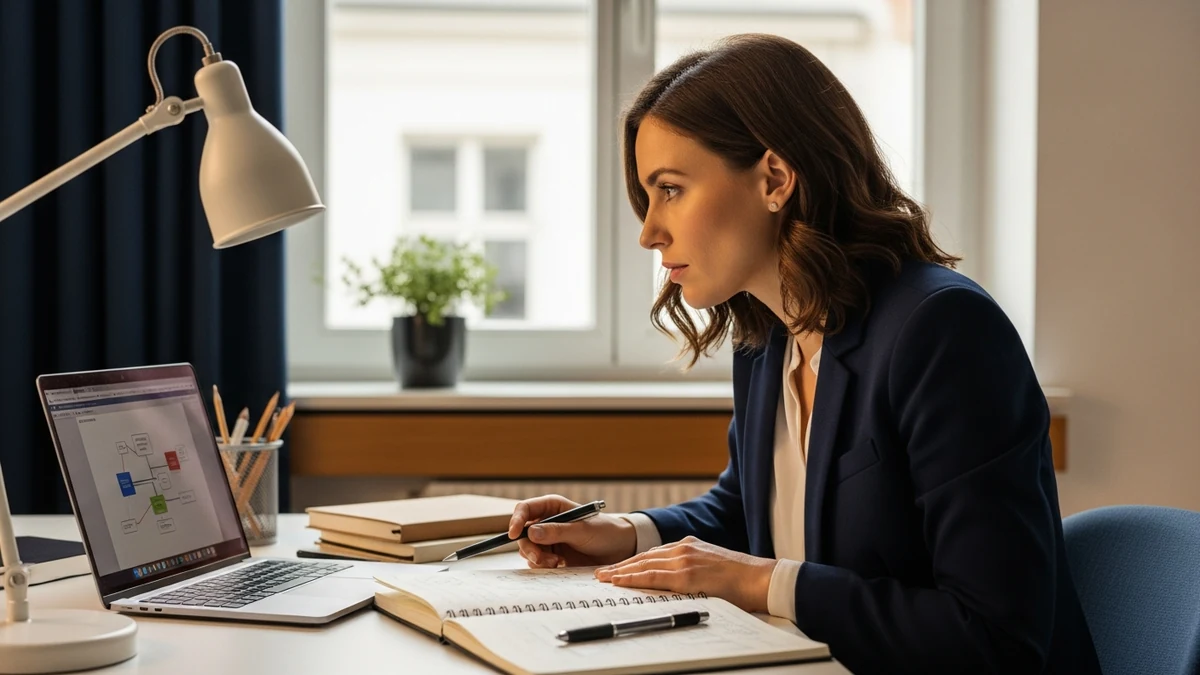 Person betrachtet nachdenklich einen Prozessablauf auf dem Laptop-Bildschirm und macht handschriftliche Notizen daneben