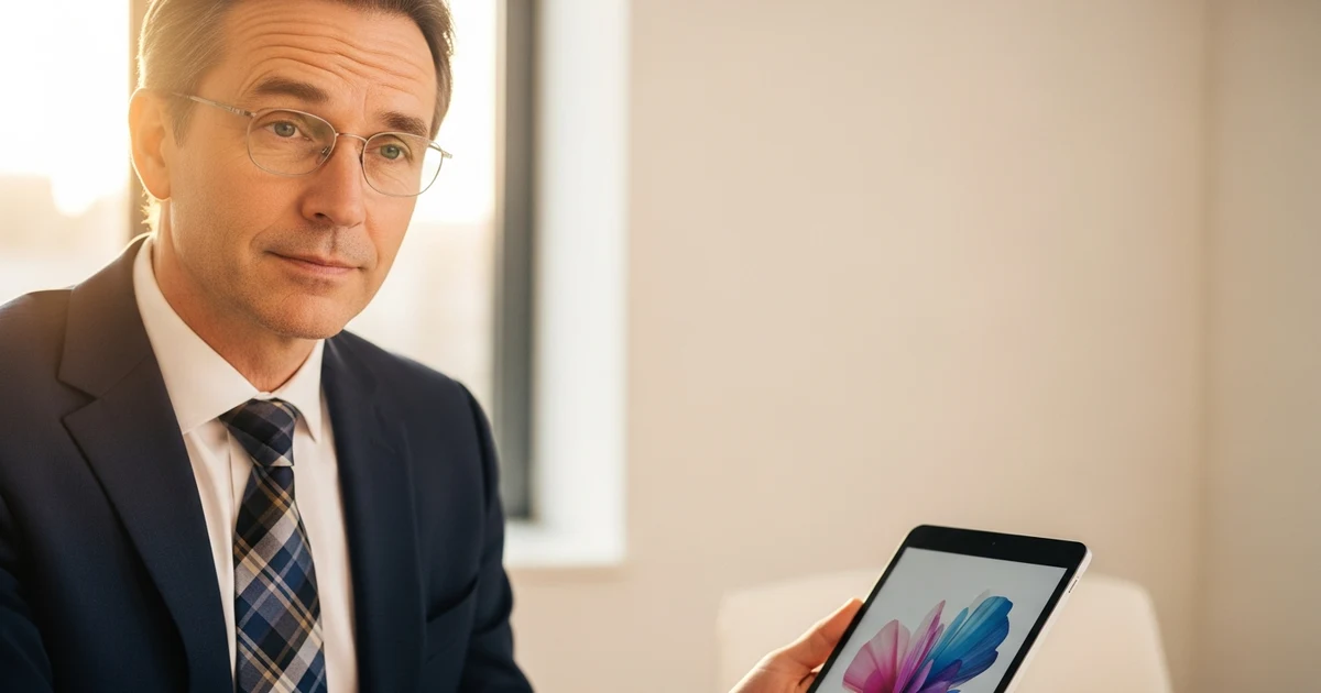 Manager befasst sich konzentriert mit Künstlicher Intelligenz am Tablet