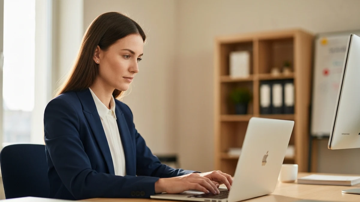 Frau arbeitet konzentriert mit KI-Tools am Laptop