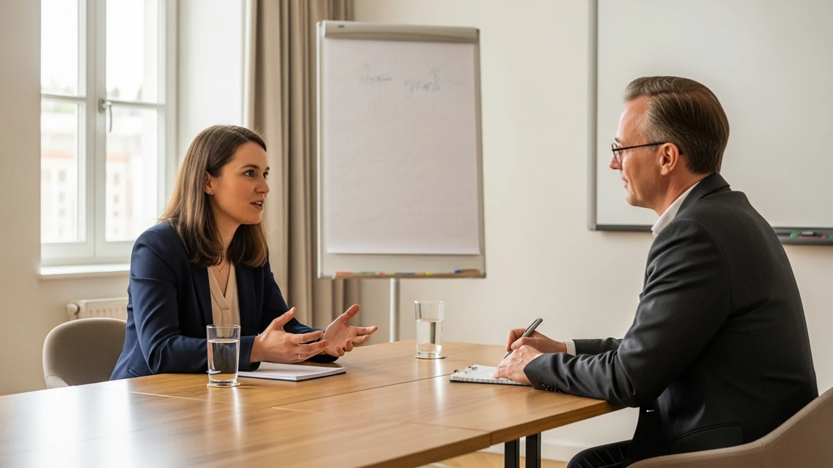 Rhetorik-Coach und Seminarteilnehmerin üben Präsentation in Zweier-Situation, entspannte aber professionelle Atmosphäre