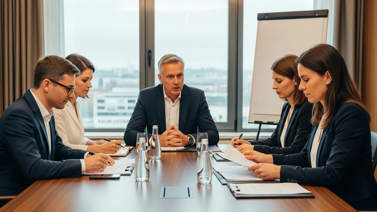 Vorstandssitzung: Führungskräfte lesen Management Summary, Entscheidungsdiskussion am Konferenztisch
