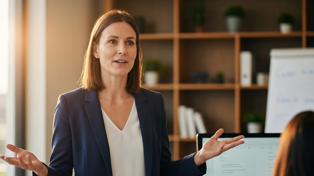 Frau präsentiert ihre Stärken vor Kolleg:innen im Meetingraum