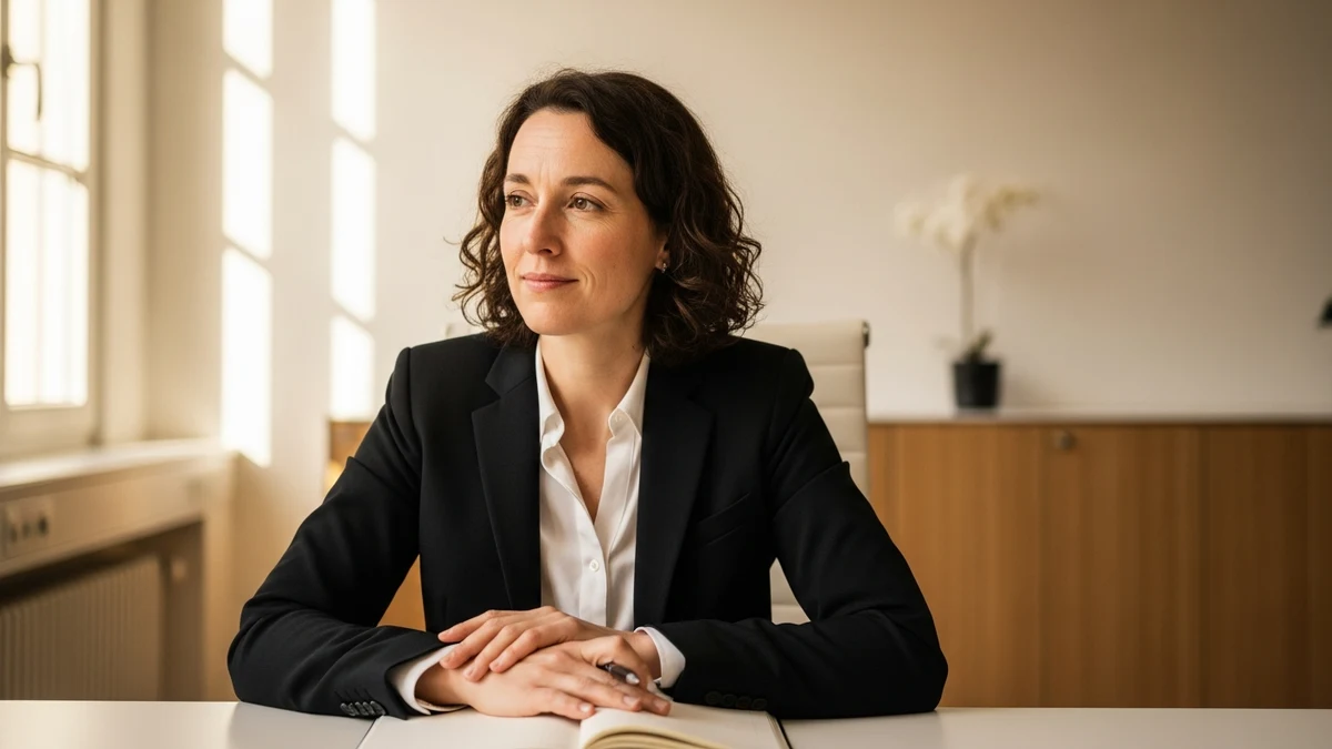 Person reflektiert nachdenklich mit Notizbuch am Schreibtisch