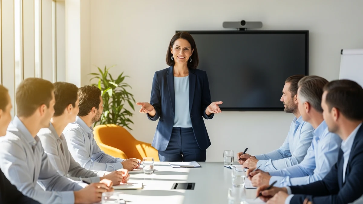 Eine Frau präsentiert selbstsicher vor ihren Kolleginnen und Kollegen