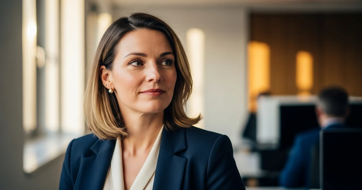 Selbstbewusste Führungskraft im Navy-Blazer in einem modernen Konferenzraum
