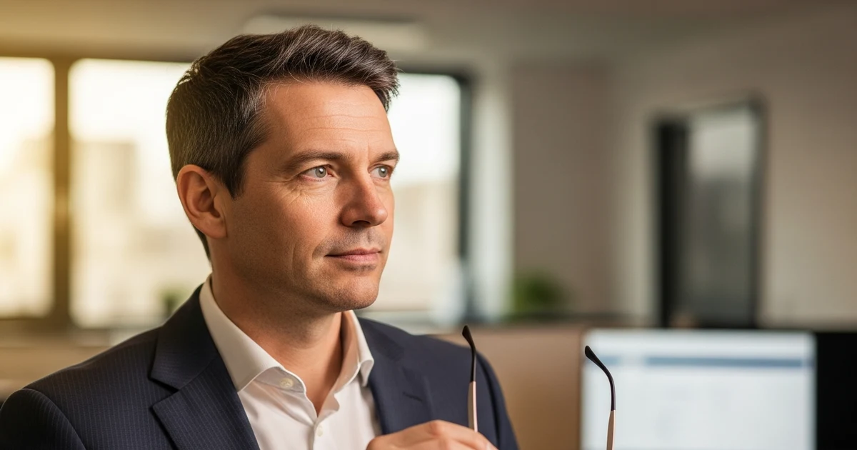 Fokussierter Einkaufsleiter mit Lesebrille in der Hand, nachdenklich in einem modernen Büro