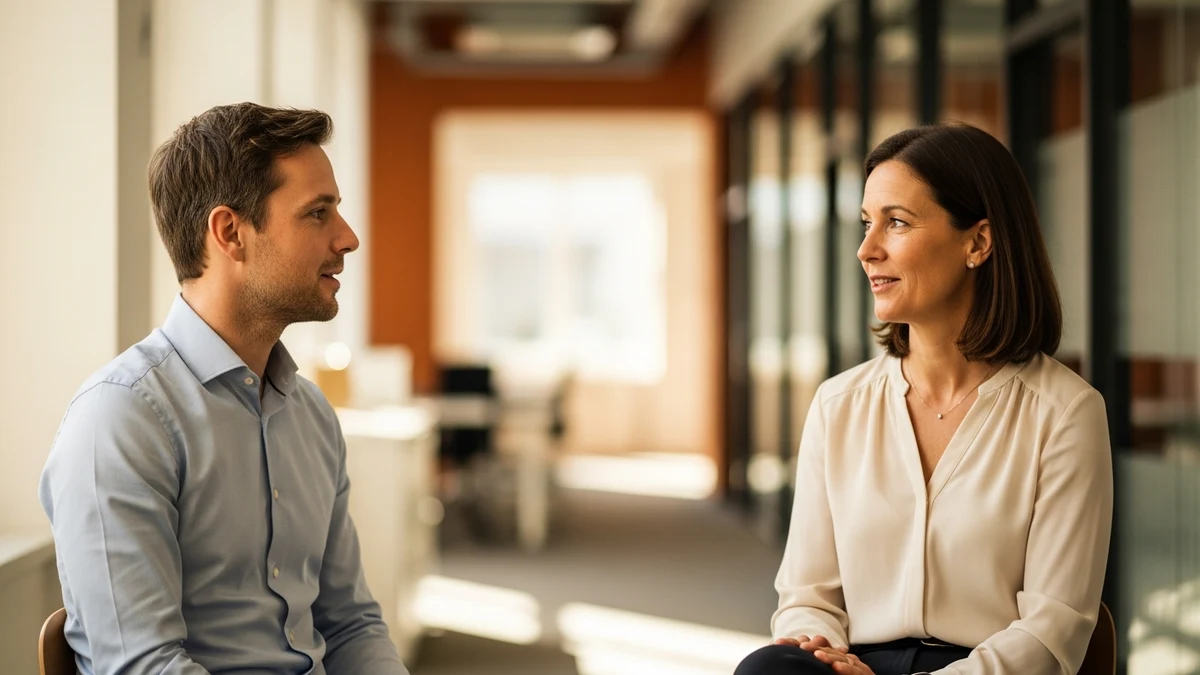 Zwei Kolleginnen oder Kollegen im ruhigen Gespräch