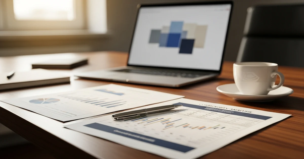 Aufgeräumter Schreibtisch mit Finanzanalysen, Preisberichten und Kaffeetasse