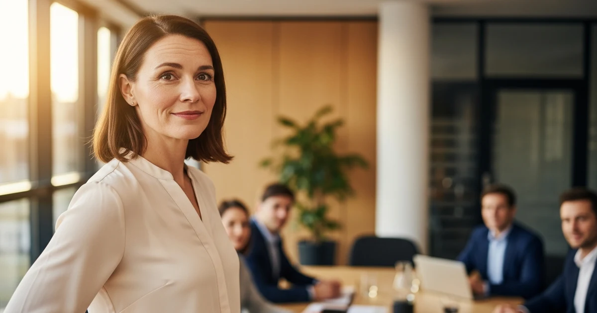 Frau antwortet souverän und schlagfertig in einer Besprechung