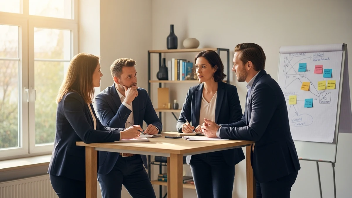 Vier Fachkräfte diskutieren am Stehtisch
