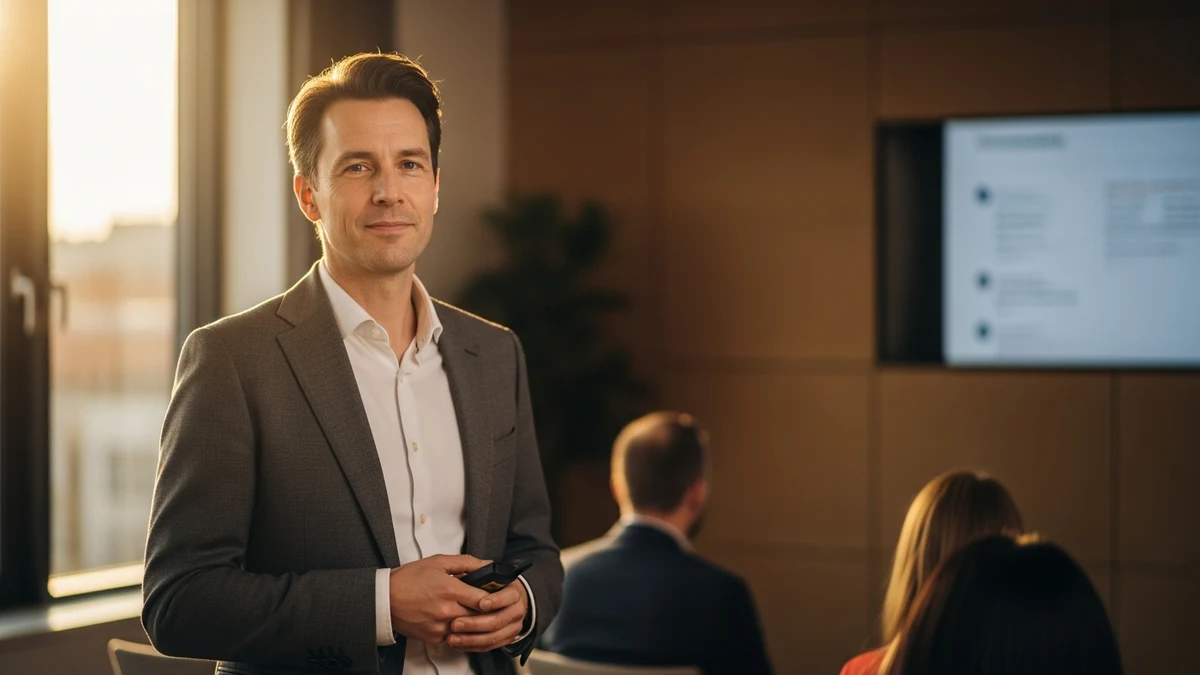 Eine Person präsentiert selbstbewusst vor einer kleinen Gruppe