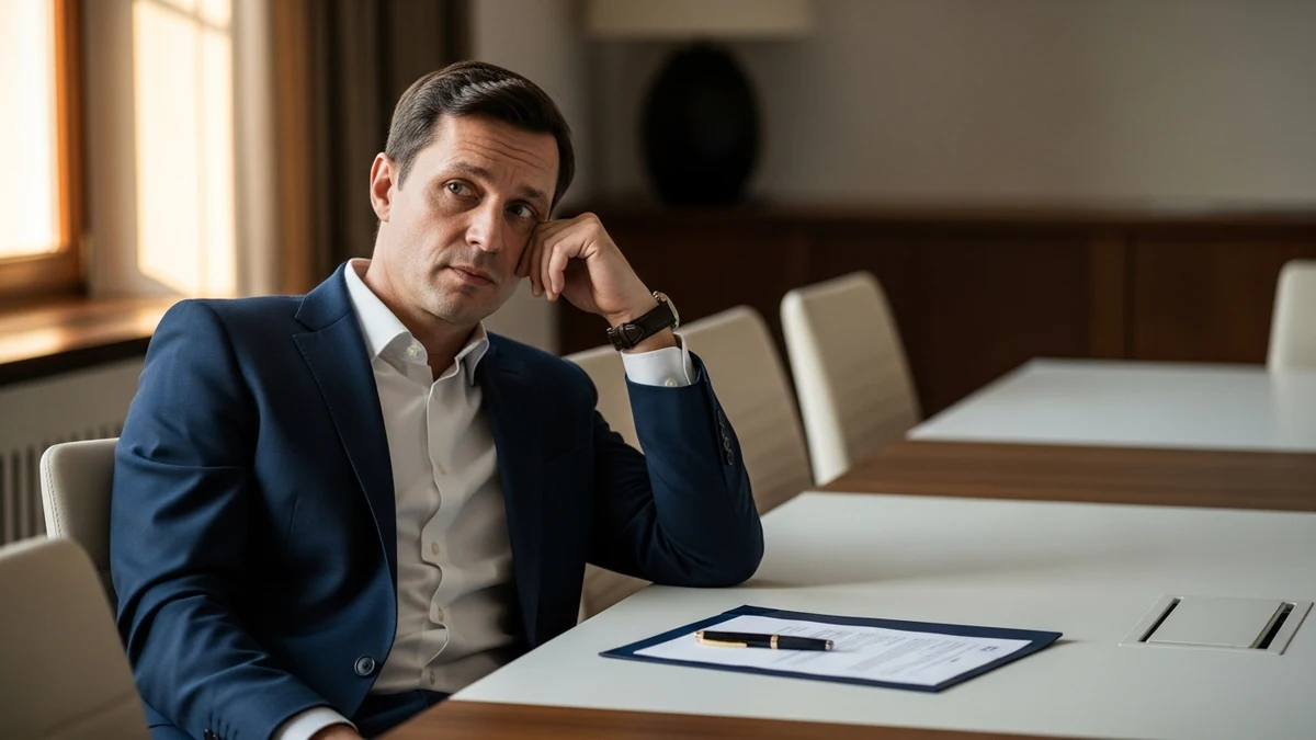 Einkäufer blickt nachdenklich auf einen unterzeichneten Kaufvertrag — Moment der Reflexion nach der Entscheidung