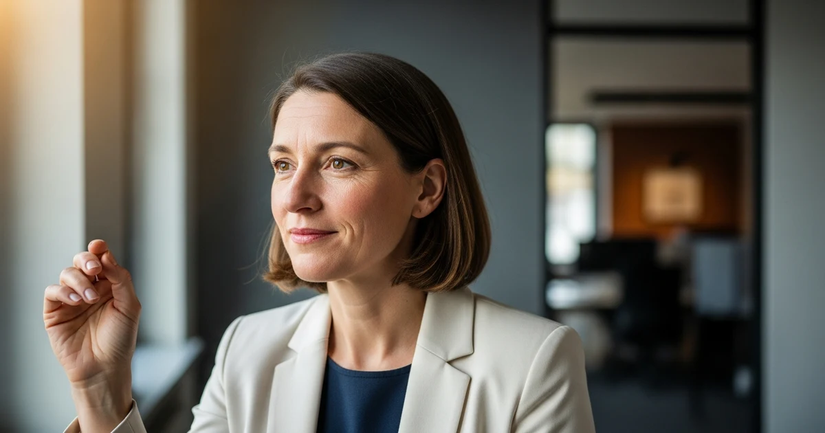 Frau zeigt bewusste Körpersprache-Geste in professionellem Kontext