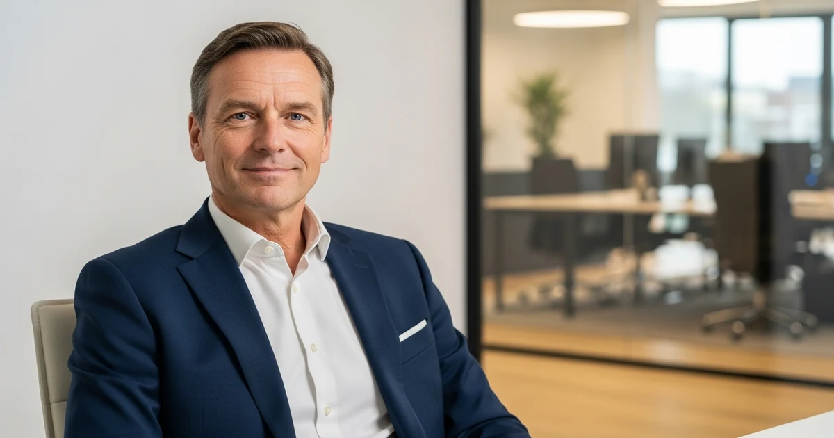 Führungskraft sitzt vorbereitet unter Studiolicht vor TV-Interview