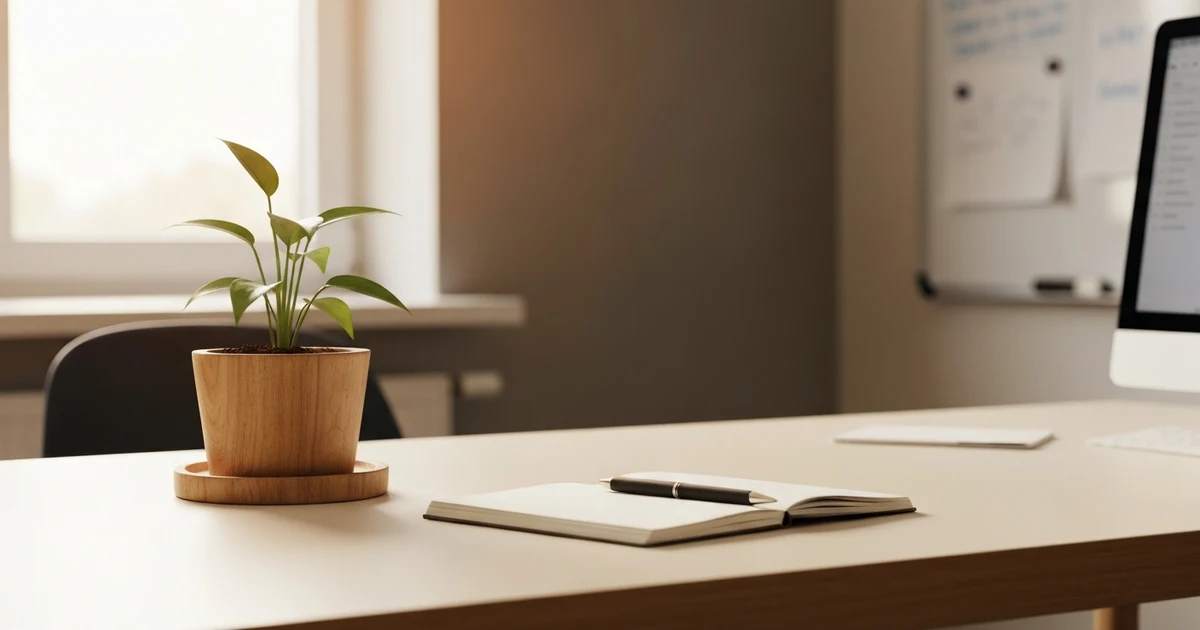 Grüne Pflanze auf Schreibtisch symbolisiert nachhaltiges Unternehmenshandeln