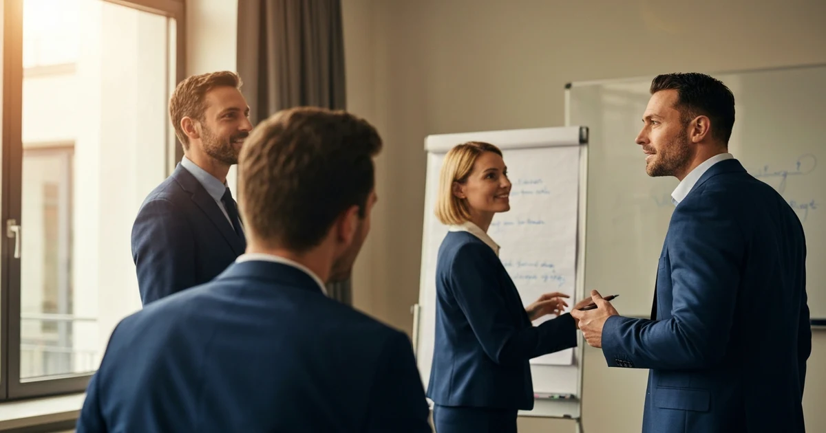 Fachkräfte in einem modernen Seminarraum diskutieren engagiert über Weiterbildung