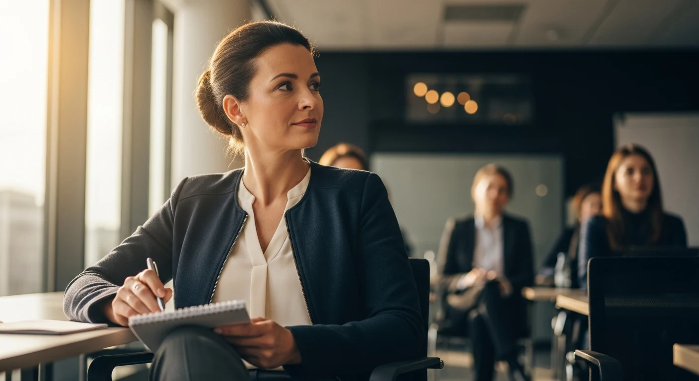 Teilnehmerin notiert konzentriert im Seminarraum des SEMINAR-INSTITUT