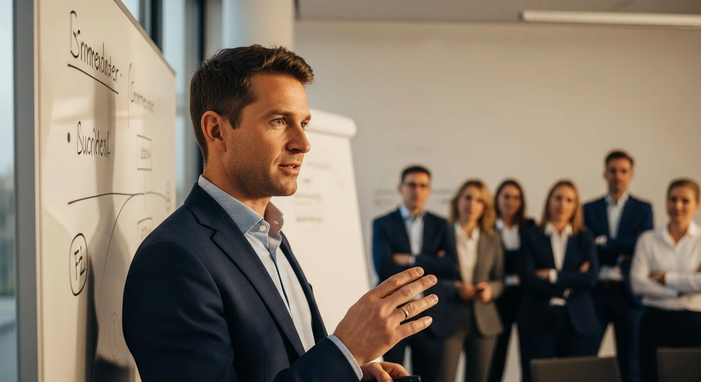 Trainer erklärt am Whiteboard einer Gruppe von Fach- und Führungskräften